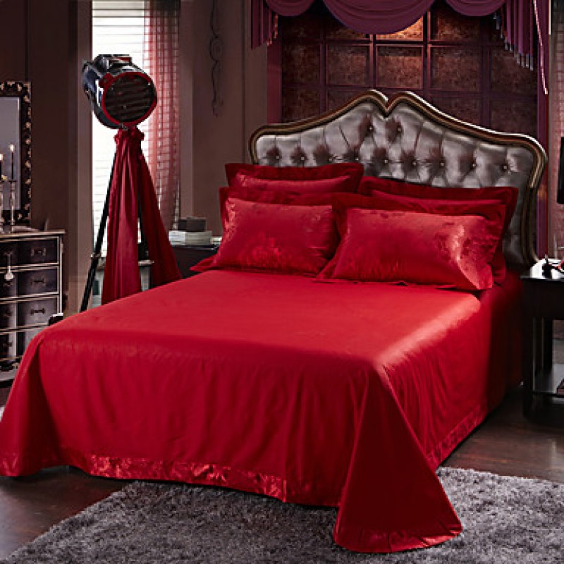 Red Luxury Silk Cotton Blend Duvet Cover Sets Queen King Size Bedding Set