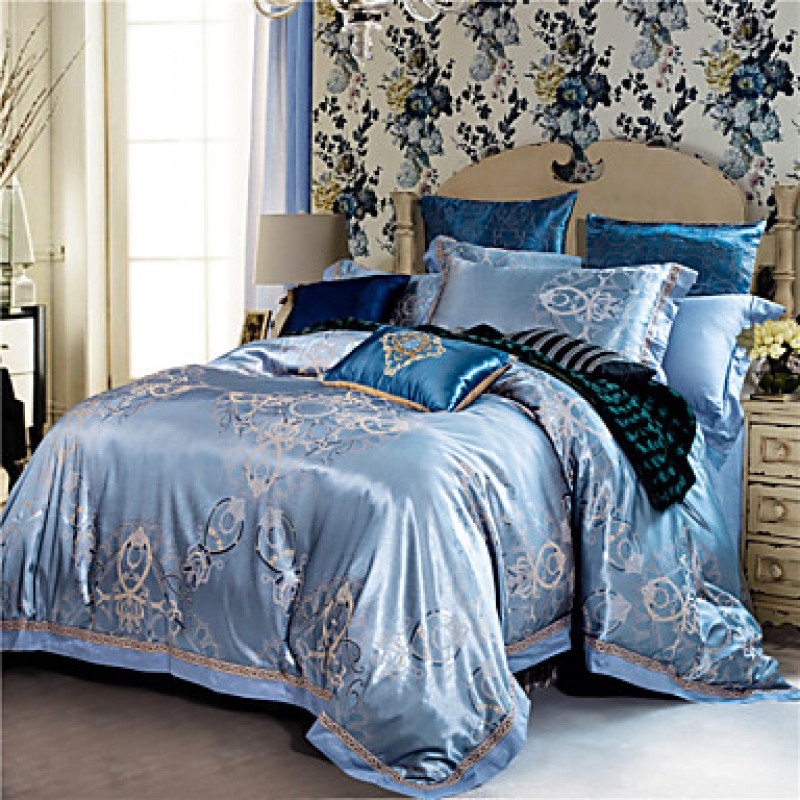 100% Cotton & Silk Blue Rome Style Jacquard Duvet Cover Set 4 Pcs Full Queen Size