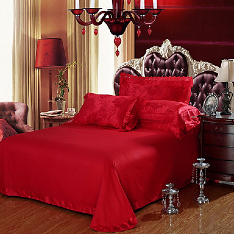 Bedding Set Red Queen King Size Luxury Silk Cotton Blend Lace Duvet Cover Sets Jacquard Pattern