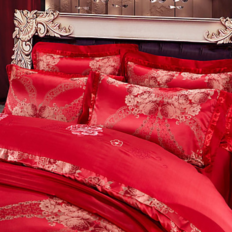 Red Luxury Silk Cotton Blend Duvet Cover Sets Queen King Size Bedding Set