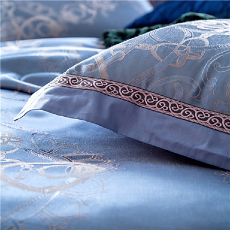 100% Cotton & Silk Blue Rome Style Jacquard Duvet Cover Set 4 Pcs Full Queen Size