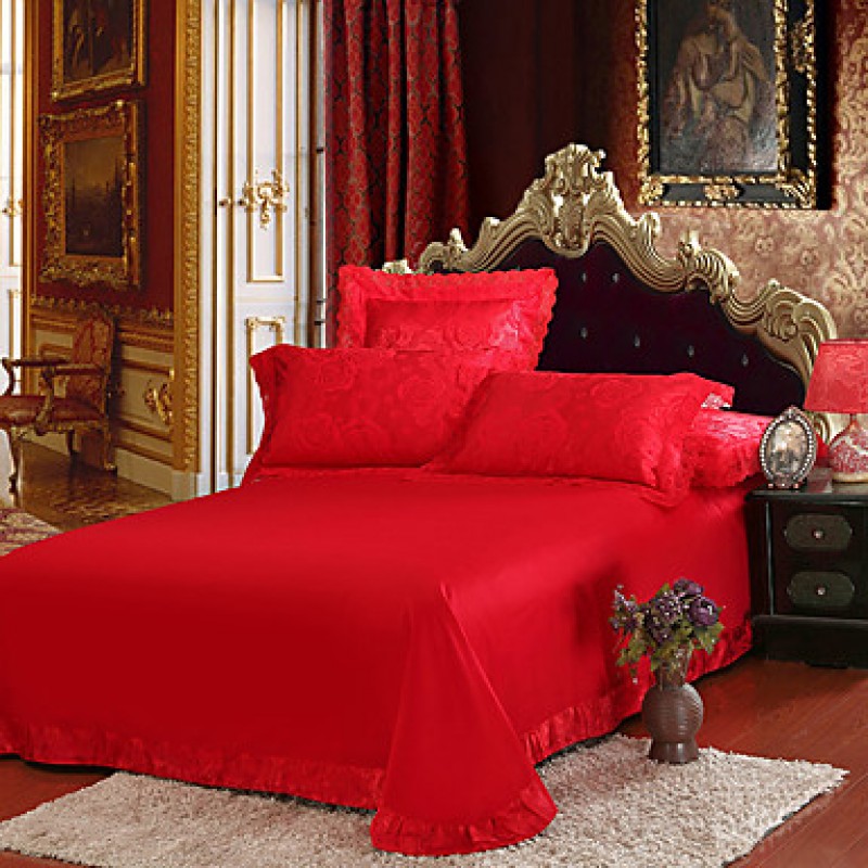Red Queen King Size Bedding Set Luxury Silk Cotton Blend Lace Duvet Cover Sets Jacquard Pattern