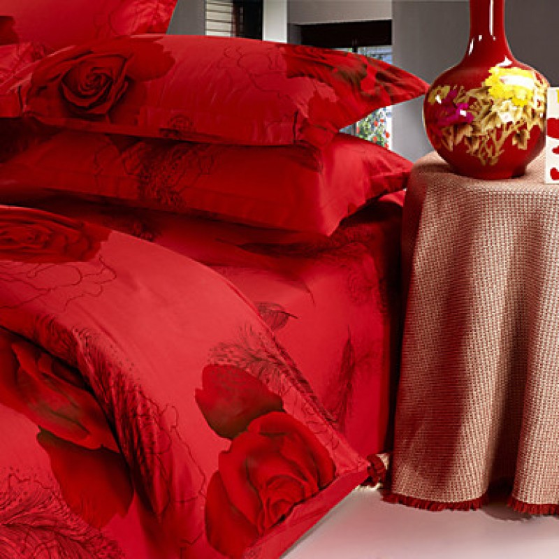 Red 100% Cotton Bedclothes 4pcs Bedding Set Queen Size Duvet Cover Set